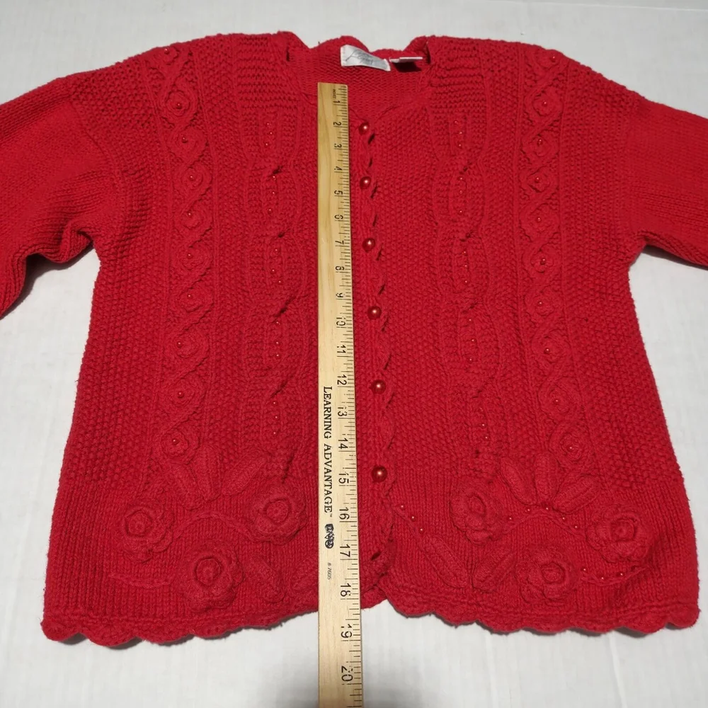Vtg Red Cable Knit Heavy Cardigan Beaded Floral Academia Button Closure Medium